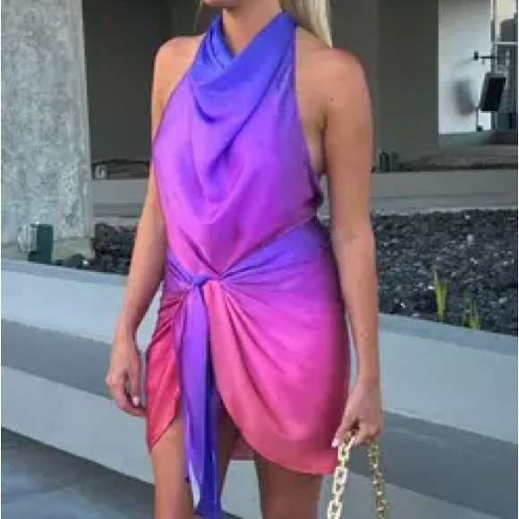 NEW BAOBAB x REVOLVE Providencia Dress Sunset Ombre draped high neck Satin party - Picture 2 of 8